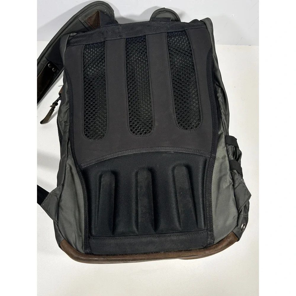 Timbuk2 Roll Top Backpack Olive Green Nylon Brown Leather Trim Laptop Sleeve
